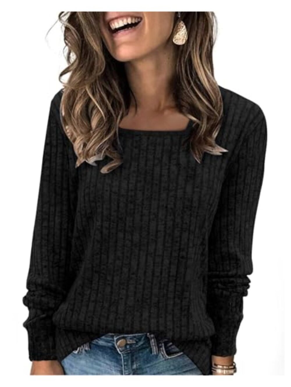 WIHOLL Womens Square Neck Long Sleeve Top Lightweight Tunic Sweater
